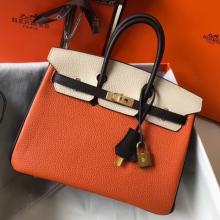 Replica High End Hermes Tri-Color Birkin 25cm Handbag In Orange/White/Black Clemence Leather